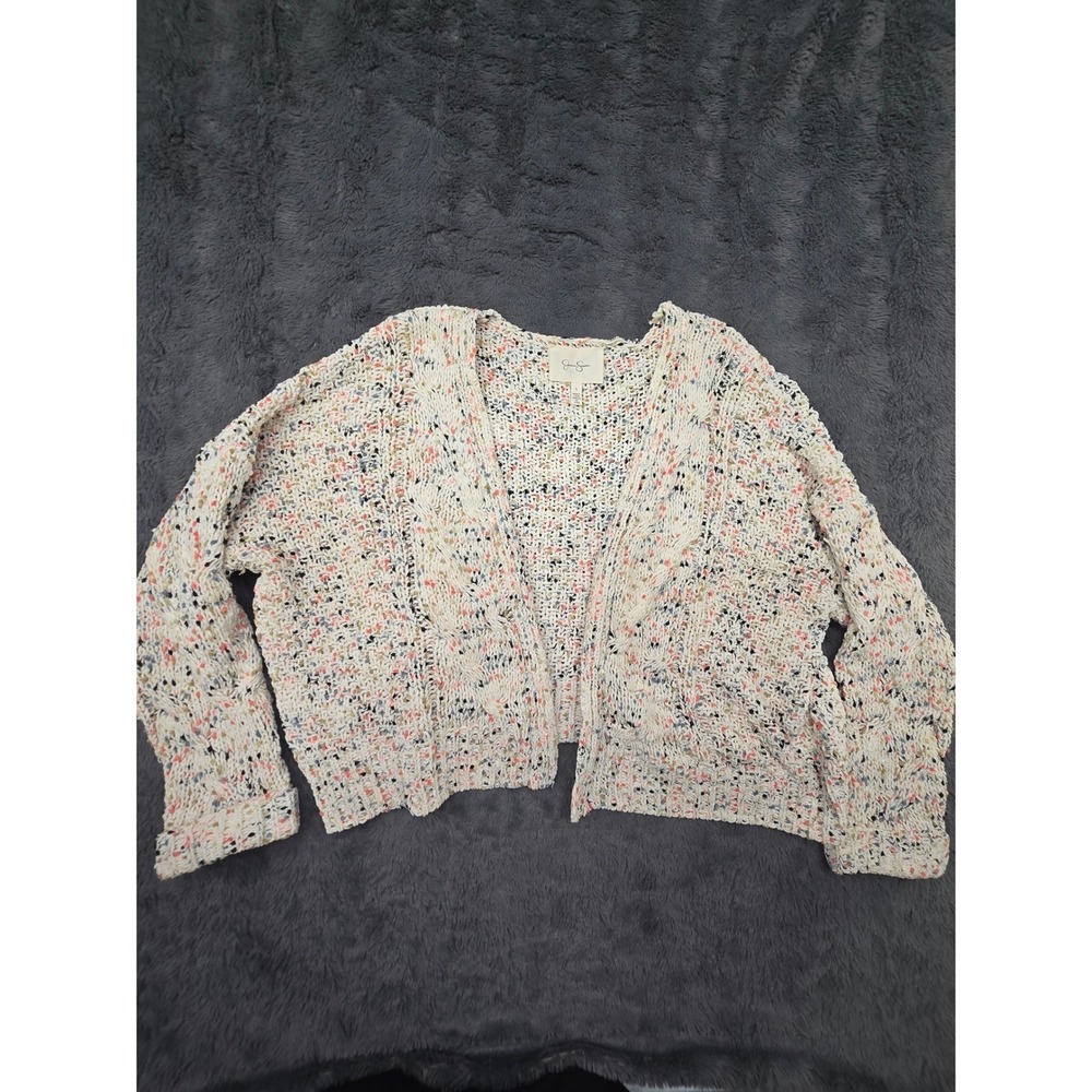 Jessica Simpson Womens Confetti Cable Knit Open Front Cardigan Sweater Cream L